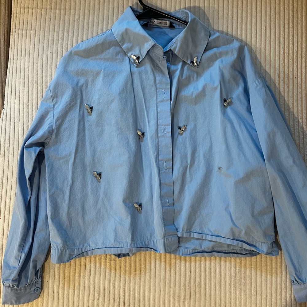 Zara Sky Blue Embellished Bomber Jacket